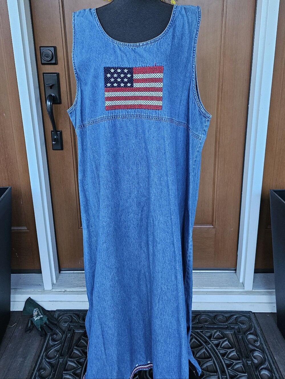Expressions Plus Denim Maxi Dress with Embroidered American Flag